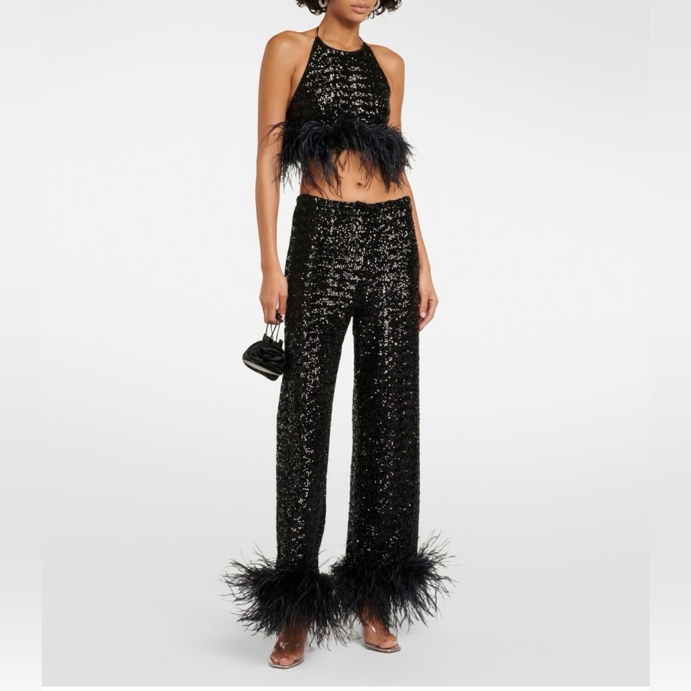 Oséree  Set Paillettes Plumage cropped top feather trimmed sequined satin pants